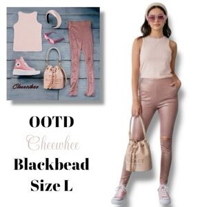 Black Bead Y2K Leggings Pastel Pink Cutout Knees High Waisted Yoga Athleisure L